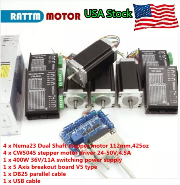 USA：4 Axis NEMA 23 Dual Shaft Stepper Motor 425oz-in 112mm+CW5045 Driver CNC Kit