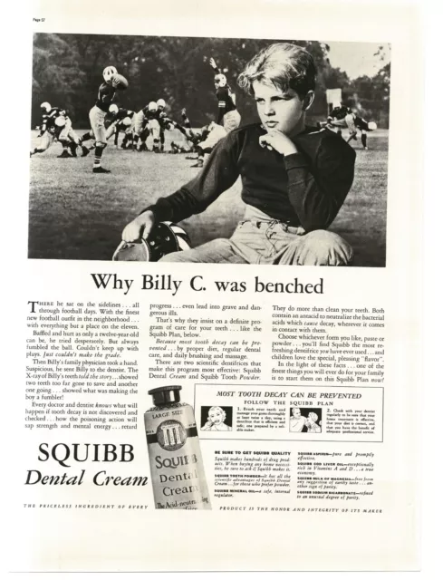 1937 Squibb Dental Cream Toothpaste young boy football player Vintage Print Ad