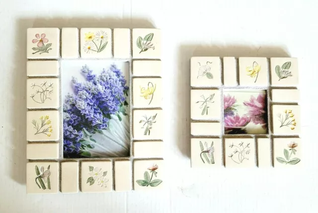 Lovely Pair of Malden Hand Painted Ceramic Floral Tile Photo Frames