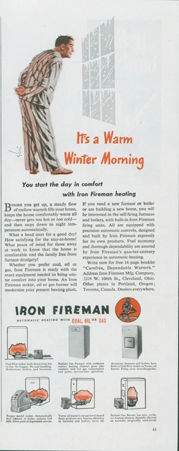 1948 Iron Fireman Heating Man Pajamas Coal Oil Gas Diagrams Vintage Print Ad AH1