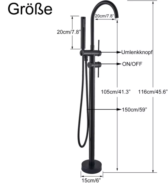 Schwarz Freistehende Armatur Standarmatur Badewanne Brausegarnitur Wannenarmatur 3