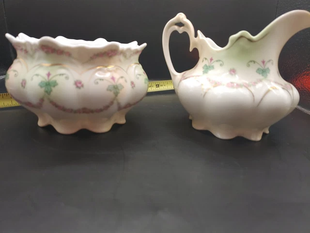 Vintage MZ Austria China Clover Floral Gold Trim Creamer and Open Sugar Bowl 