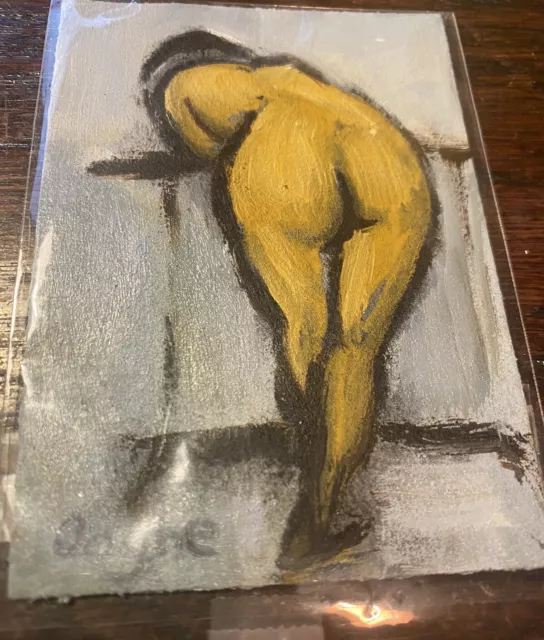 Yellow Nude Woman Bending OOAK Lovely Minature Impressionist Oil Painting WOW