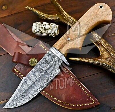 CUSTOM FORGED Damascus Steel Fixed Blade Damascus Steel Olive Wood Skinner Knife