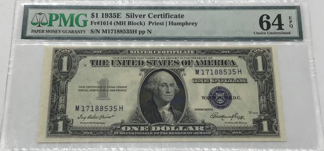 PMG 64 EPQ  1935 E Silver Certificate Note Blue Seal Priest Humphrey