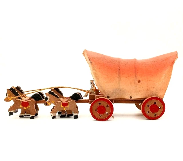 Vintage Antique Hand-Made Wooden Horse & Covered Wagon Toy ~ Japan