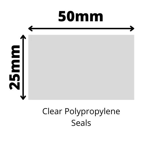 1,000 - 50 x 25mm clear polypropylene seal labels / stickers. Perm Adhesive.