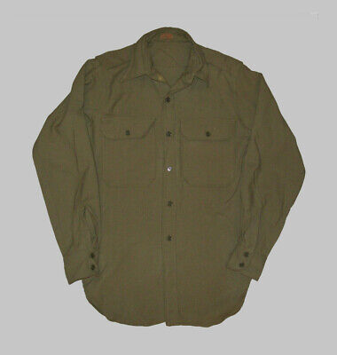 Original Vtg Post WWII 1950s US Army Shirt Olive Drab Wool Flannel Size 14 X 32