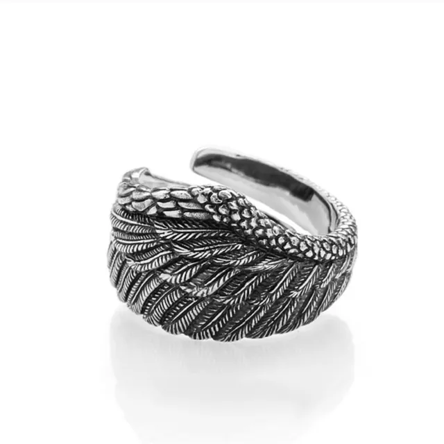 Sterling Sliver Oxidized Eagle Feather Wing Open End Wrap Ring Full UK Hallmark