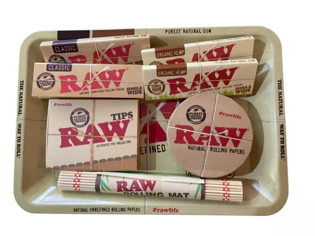 Raw Small Mini Rolling Tray Kit Gift Set Papers, Tips, Rolling Mat, Tin