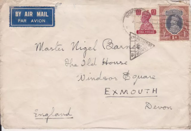 Stamps India Airmail censored cover Bombay to England 1942 1 rupee 12 annas rate