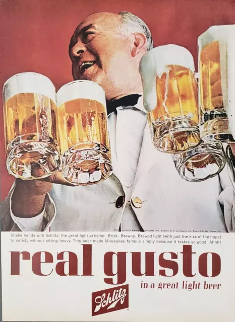 1963 Schlitz Beer Light Real Gusto Vintage Print Ad
