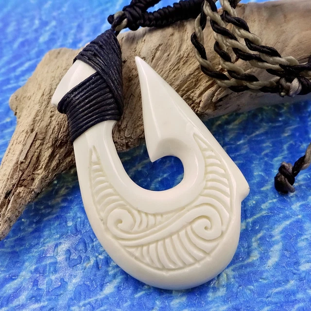 Maori Fish Hook Pendant 2.5 Inches Tall Hei Matau Macrame Cord