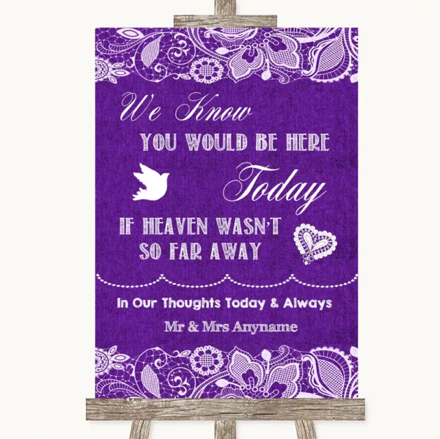 Purple Burlap & Lace Loved Ones In Heaven Personalised Wedding Sign