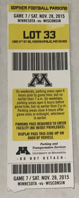 11/28/15 Wisconsin Minnesota Paul Bunyan Axe Vehicle Parking Pass Ticket Stub