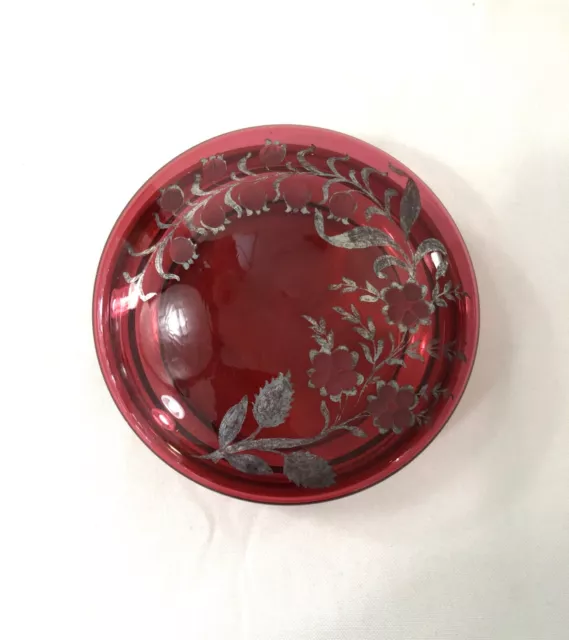 ancienne boite verre rouge Décor floral Bijoux Bonbonnière Sérigraphié émaillé