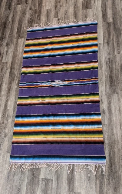 Vintage Mexican Serape Textile Rug Blanket Throw Multicolor 80x42 Purple Vtg