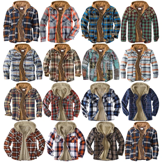 Mens Sweatshirts Jacket Flannel Shirts Coat Plaid Hoodie Outwear Winter Warm Top