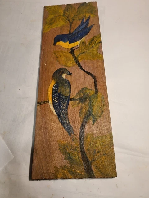 Vintage Painting on Board Two blue Birds On a branch Cedar Shake Decrative