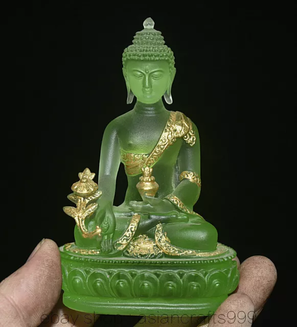 4,6" seltene China grün gefärbte Glasur vergoldete Menla Medizin Buddha Skulptur