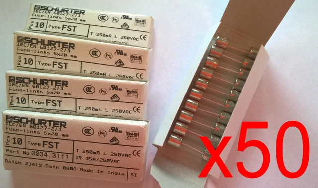 Lot 50 fusibles 250mA Temporisé 5x20mm SCHURTER