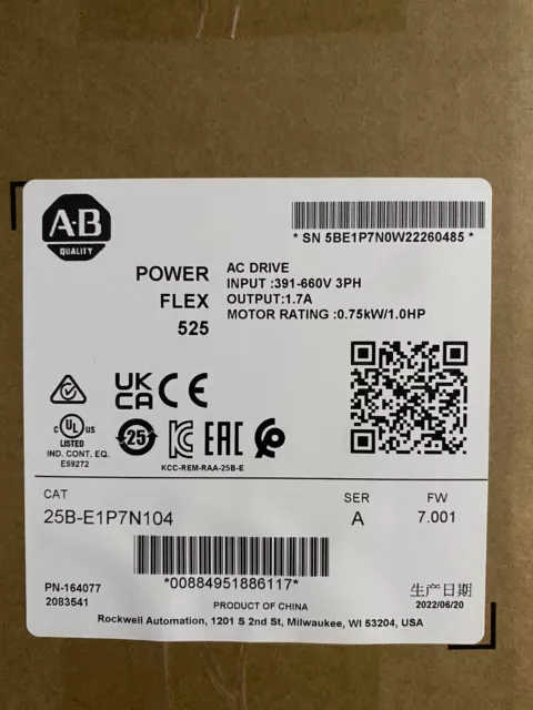 Allen Bradley 25B-E1P7N104 /A PowerFlex 525 AC Drive 0.75kW 1Hp