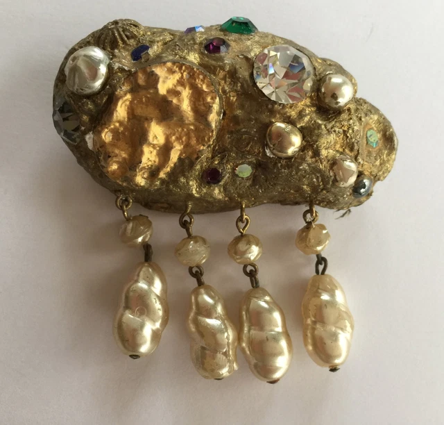 Broche Vintage Années 60 Soleil-fleur Avec Perle Centrale - Très Bon état, Dorée