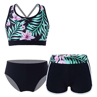 Kids Girls Floral Print Crop Tops Shorts Briefs Tankini Set Beach Pool Swimsuit