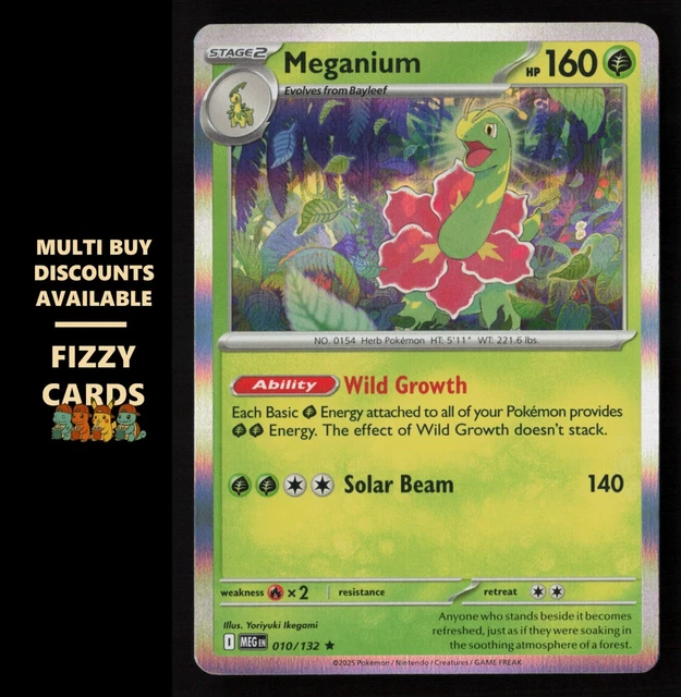 Coffret 10 Cartes Pokémon – Méganium 010/132 Holo Ou Reverse – Myboost X Méga-Évolution 1 – Français