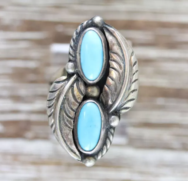 Vintage Indian Native Turquoise Sterling Silver 925 Ring Feather 6.25 Southwest