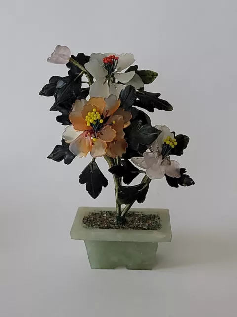 Vintage Miniature Jade Stone & Glass Tree With Flowers in Jade Pot