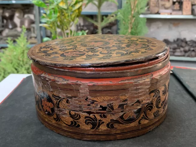 Rare Antique Old Handcrafted Burmese Lacquered Bamboo Made Box Betel Nut Box