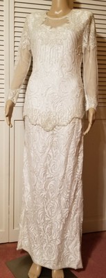 Vintage Scala Ivory Wedding Gown Dress Lace Sequin Beaded Long Sleeve Small