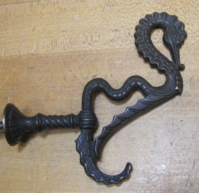Antique 19c Bronze SeaHorse Serpent Hanger Bracket Hook Ornate Hardware Element