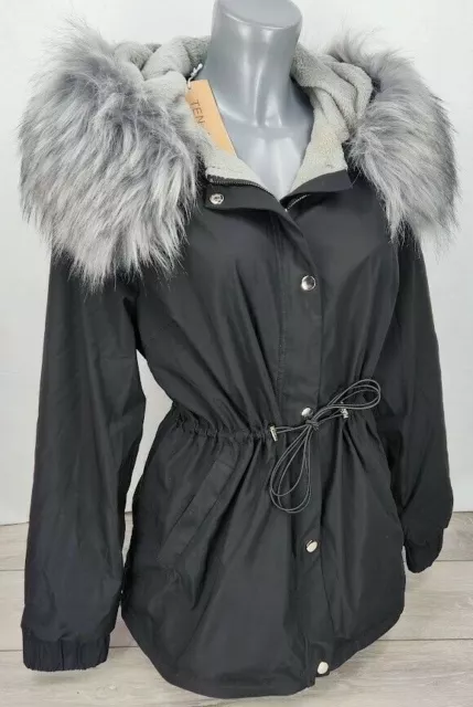 Womens Ladies Jacket Hooded Faux Fur Hood Black Pocketed Small Large Coat Parka