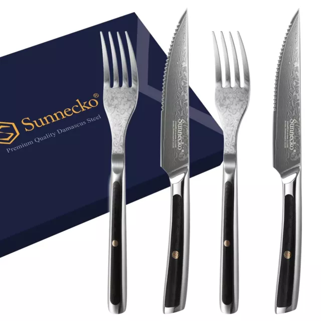 Sunnecko Damascus Steak Knives Set of 4 Serrated, Japanese VG10 Stainless Ste...
