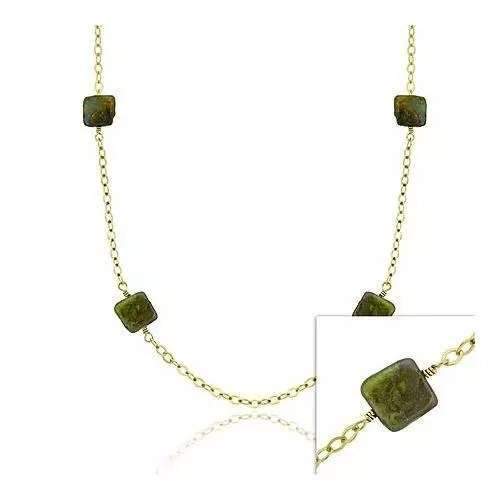 18K Gold over 925 Silver Green Square Coin Freshwater Cultured Pearl Necklace
