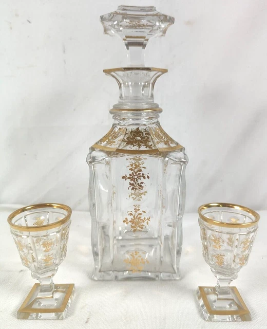 CARAFE a Whisky CRISTAL Bouchon + 2 VERRES a Liqueur Dorures Liseres Fleurs T