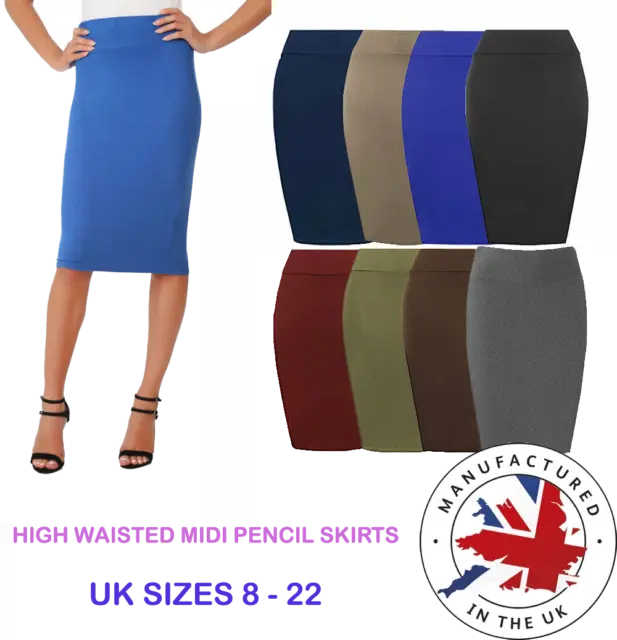 PREMIUM High Waisted Midi Skirt Plain Jersey Bodycon Tube Pencil Skirt Size 8-22