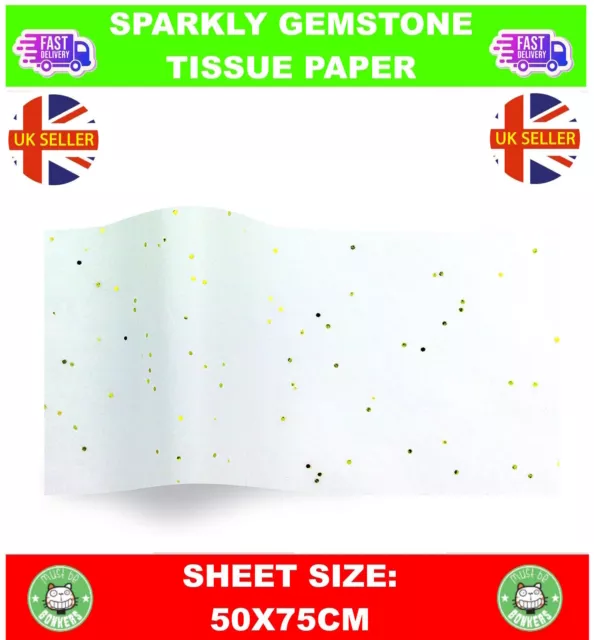 Gold on White Gemstone Tissue Paper SPARKLY Large wrapping paper sheets  50x75cm