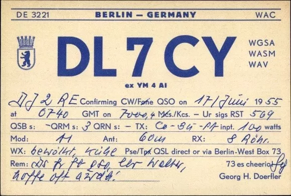 Ak QSL Karte, Funkerkarte, DL7CY, Georg H. Doerfler, Berlin - 3009685