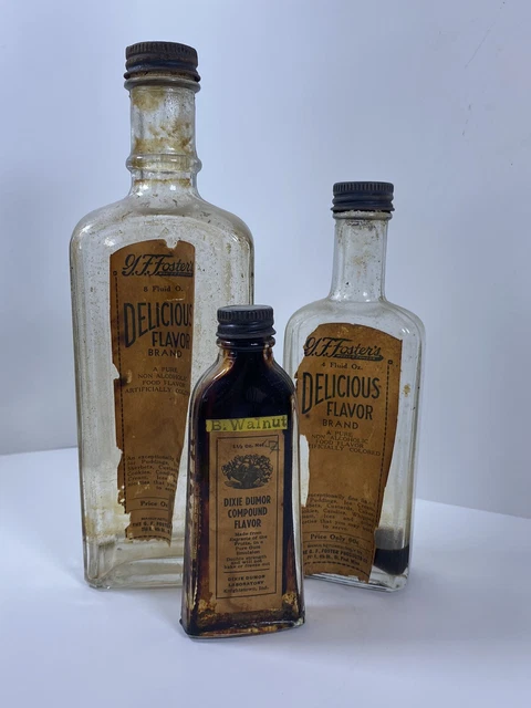VINTAGE FOSTER'S GLASS BOTTLES LOT OF 3 ORIGINAL PAPER LABELS  + Black Walnut