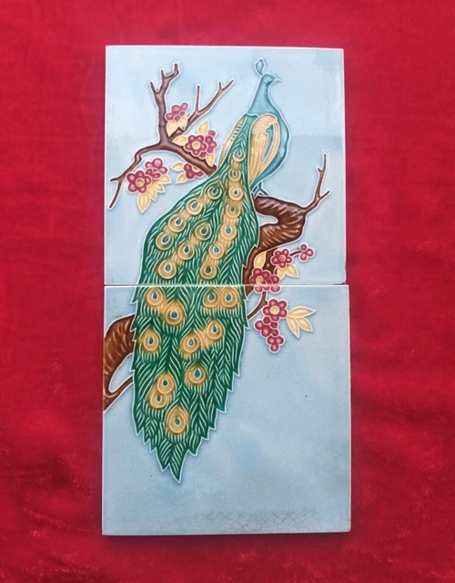 1 Piece Set  Peacock Design Old Art Deco Majolica Ceramic Tiles Japan 0317