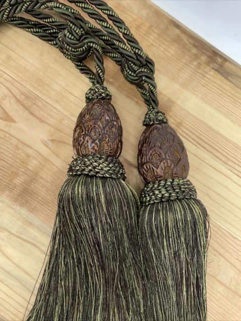 Art Deco Victorian Style Tieback Tassel Set 2 Pineapple Dark Green Curtain Drape