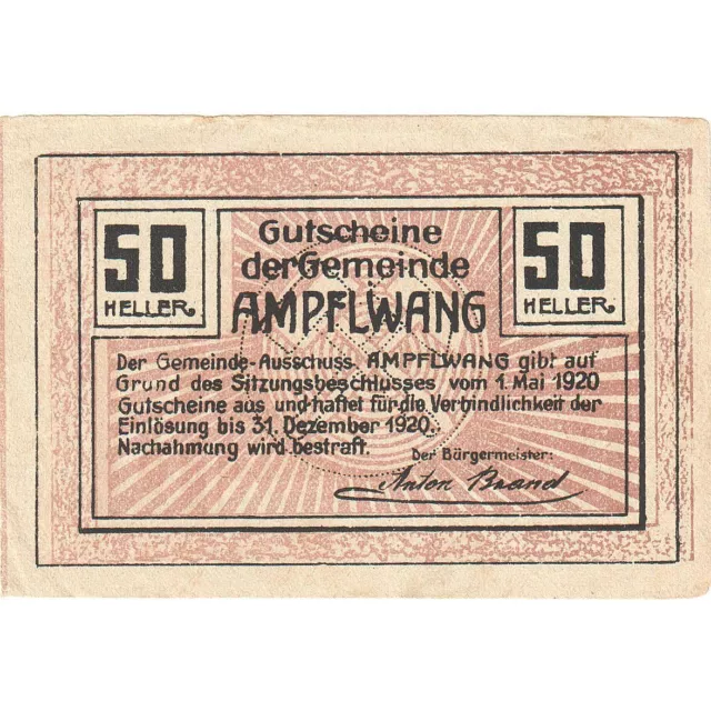 [#287974] Austria, Ampflwang, 50 Heller, village, 1920, 1920-12-31, AU, Mehl:FS