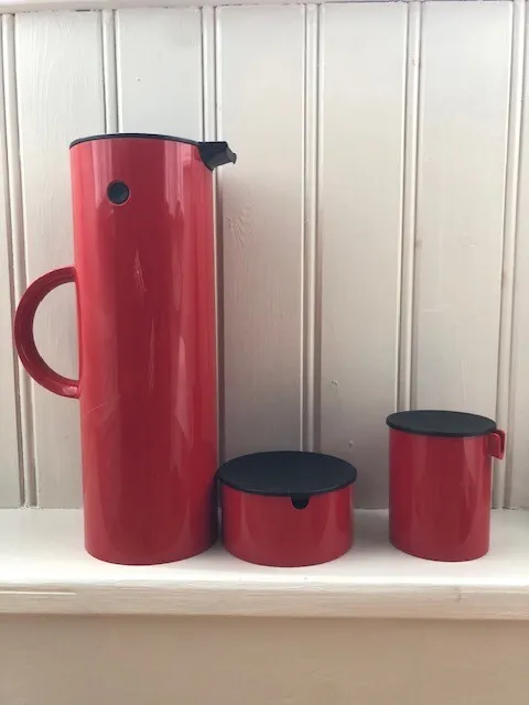 Vintage Stelton EM77 red plastic, vacuum jug flask,  sugar bowl and creamer