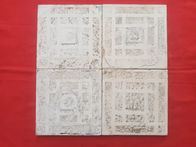 4 Piece Art Deco Floral Embossed Design Majolica Ceramic Tiles Japan 0287 6