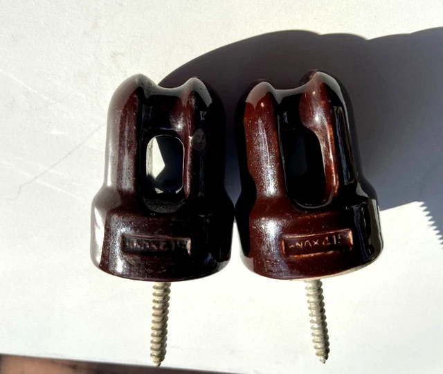 Lot Of 2 Vintage Brown Glazed Porcelain Ceramic Insulators  for Fences Houses