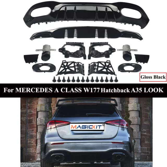 For Mercedes A Class W177 Amg A35 A35S Look Rear Diffuser+Tailpipes Gloss Black