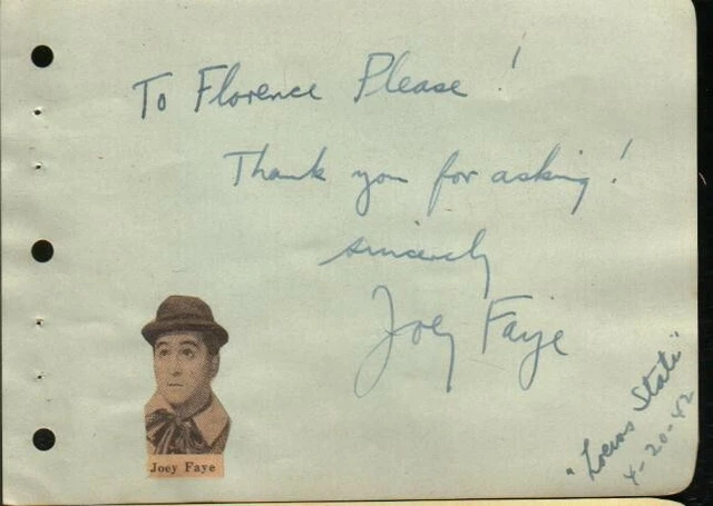 Joey Faye Autographed Album Page Page Legendary Vaudeville Comedian D.97